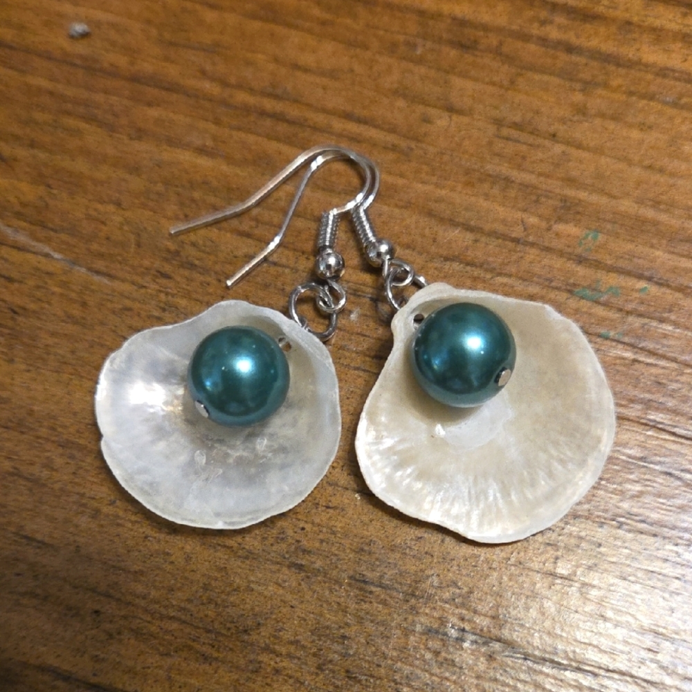 Handmade Shell and Teal Pearl Earrings